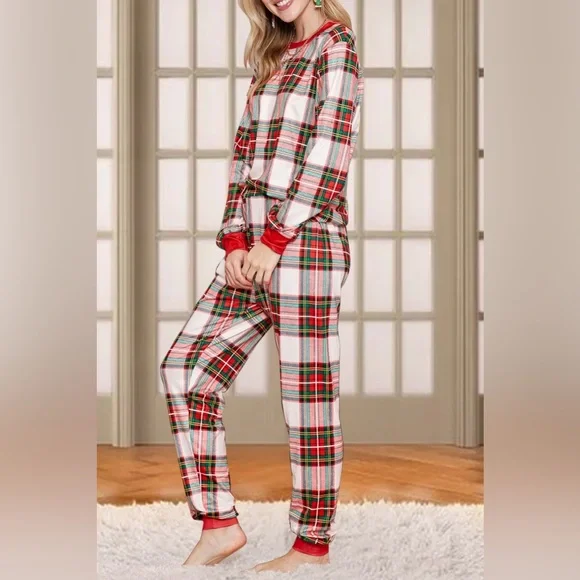 Plaid Round Neck Top and Pants Set